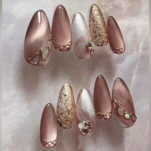 Elegant Rose Gold and White Almond Press On Nail Set